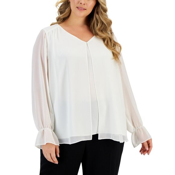 Kasper Plus Size 2X Double-Layer Long-Sleeve Chiffon Top Ivory MSRP $89 - Picture 1 of 3